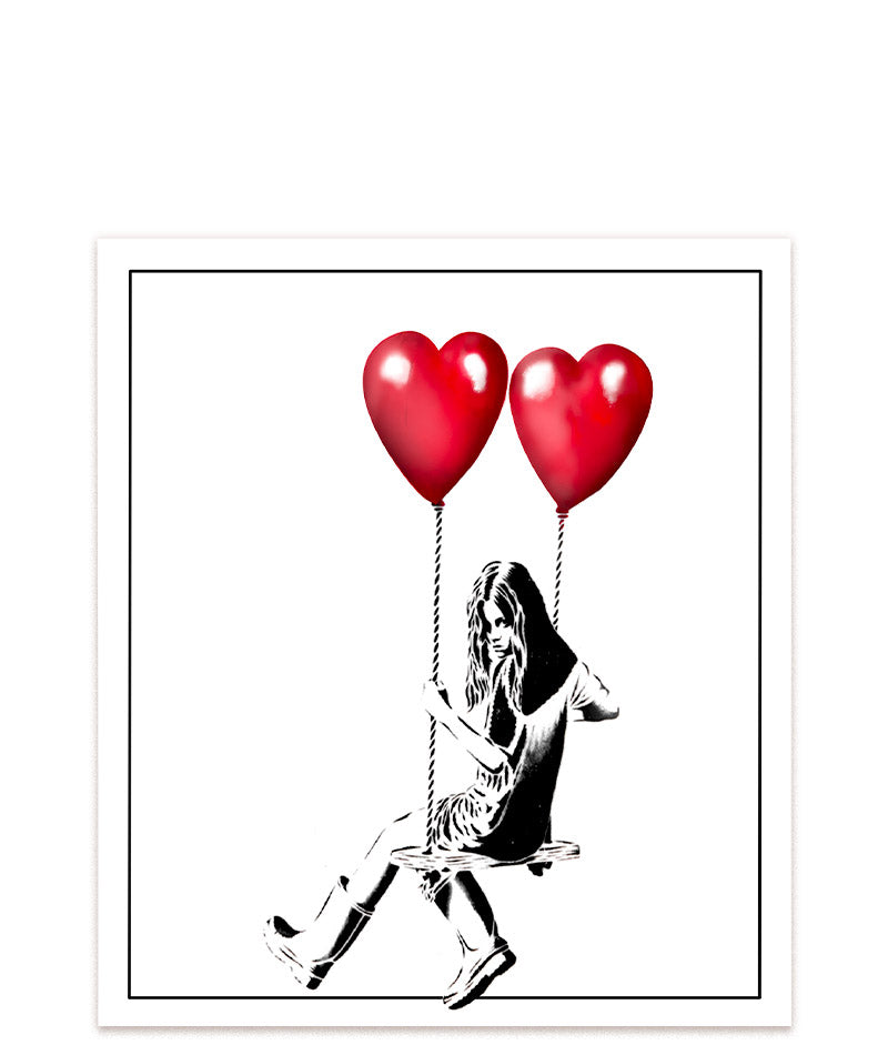 Erlebe die Freiheit des schwebens mit Banksys Flying Balloon Girl! Erfahre mehr über die Hintergründe und die Botschaft des Kunstwerks und hole dir mit einem Druck auf die Wand ein Stück dieser inspirierenden Kunst nach Hause. #Klein = 23x20 cm_exclude-this-tag