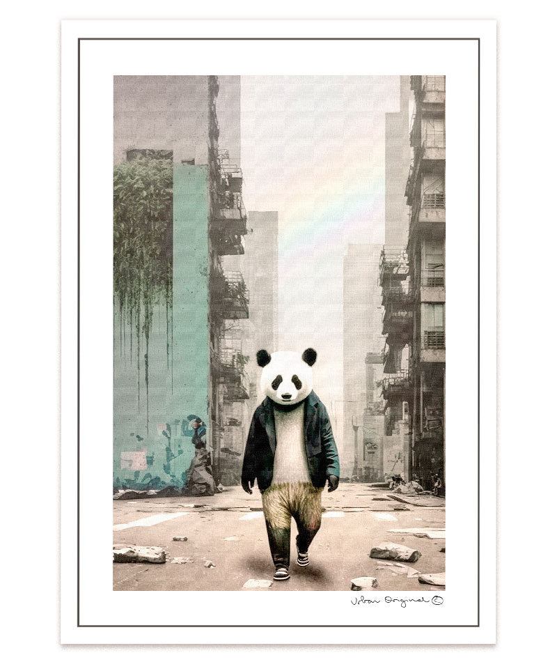 Entdecke mit "URBAN Legend" ein einzigartiger handgemachter Kunstdruck auf Holz, der ein urbanes Panda-Motiv in nebliger Regenbogen Umgebung präsentiert. #A4 = 28x20 cm_exclude-this-tag