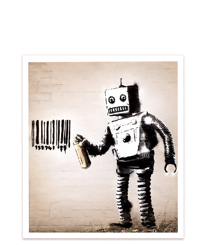 Banksy-Kunstwerk mit Barcode-Roboter. #Klein = 23x20 cm_exclude-this-tag