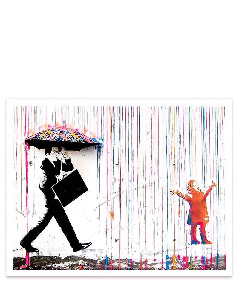 Banksys "Colored Rain" - Ein farbenfrohes Kunstwerk, das uns daran erinnert, das Leben in vollen Zügen zu genießen. #Klein = 28x20 cm_exclude-this-tag