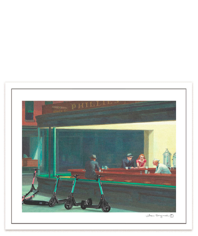 Kunst mit Bedeutung: "Hooper Scooter" interpretiert das berühmte Kunstwerk "Nighthawks" neu und verweist humorvoll auf den Konflikt zwischen Autos und Leih-Scootern in unseren Städten. #A4 = 28x20 cm_exclude-this-tag