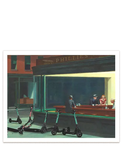 Kunst mit Bedeutung: "Hooper Scooter" interpretiert das berühmte Kunstwerk "Nighthawks" neu und verweist humorvoll auf den Konflikt zwischen Autos und Leih-Scootern in unseren Städten. #A4 = 28x20 cm_exclude-this-tag