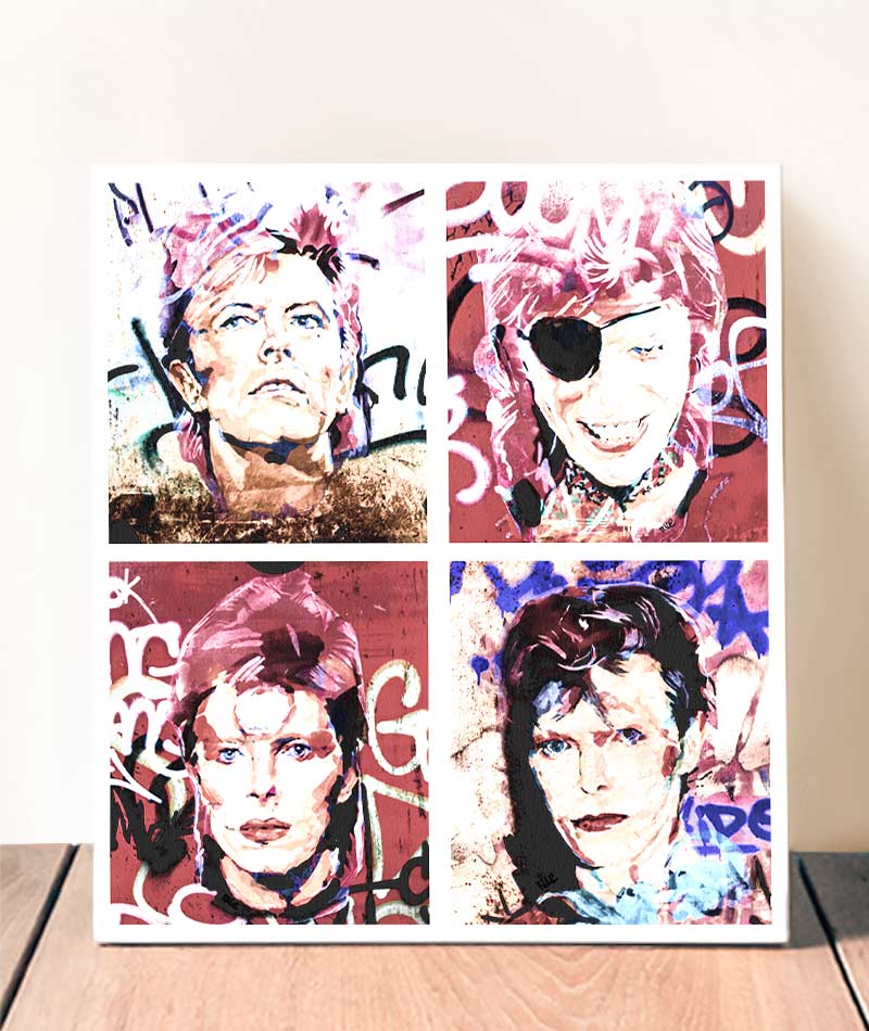 Tauche ein in die Welt der Musikikone David Bowie mit dem farbenfrohen Streetart-Gemälde "Bowie". #Klein = 20x20 cm_exclude-this-tag